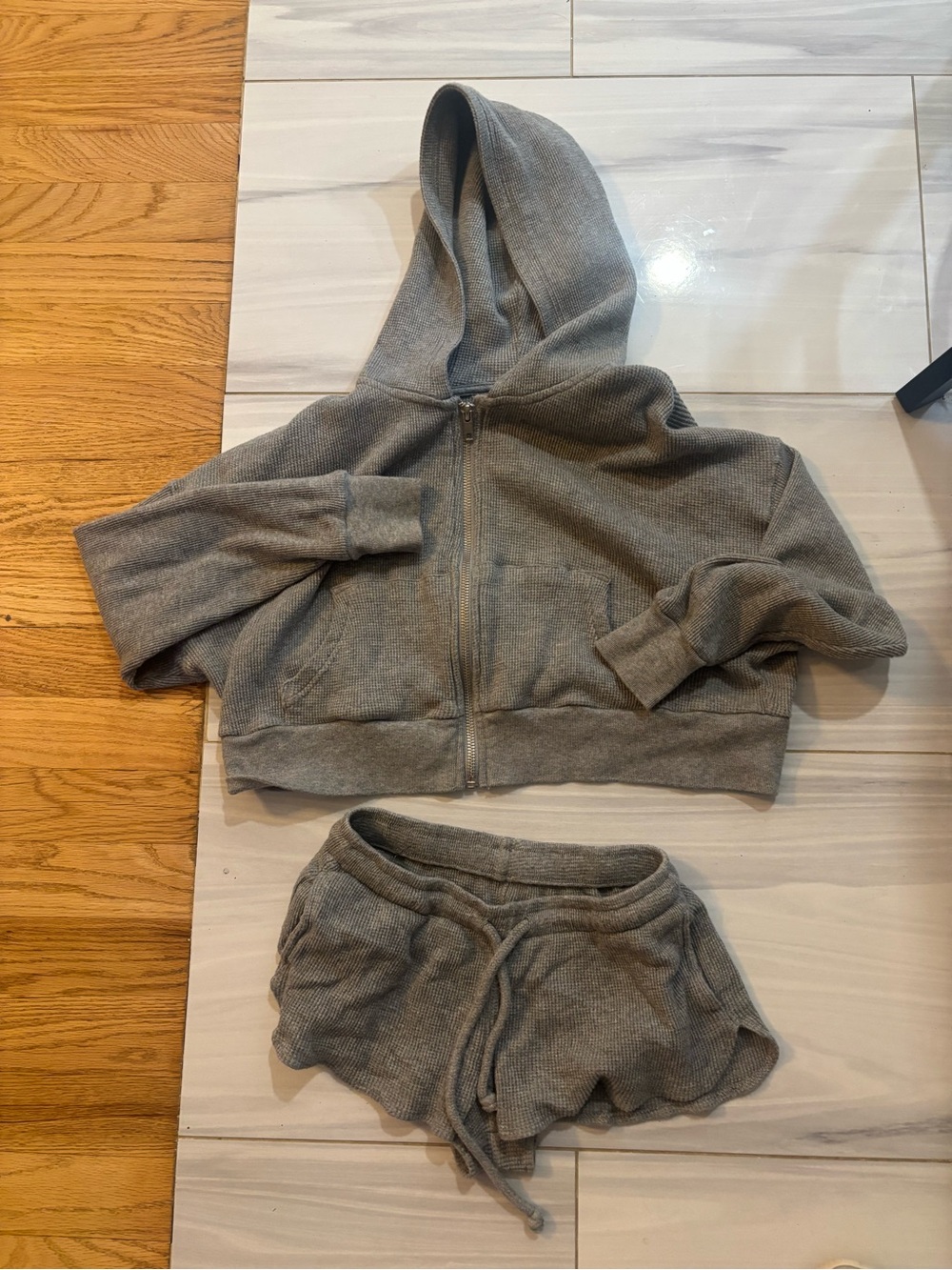Katie J NYC Gray Hooded Zip-Up Sweatshirt and Shorts Set